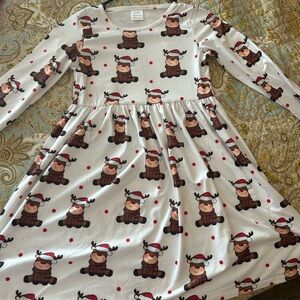 White Teddy Bear Patterned Dress with Long Sleeves and Flared Skirt